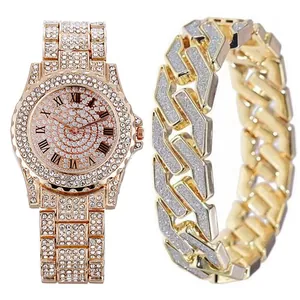 Golden women's quartz watch and curb chain bracelet set with pavé rhinestone accents