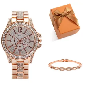 Luxury Women Alloy Rhinestone Analog Quartz Watch And Bracelet Gift Set Gold Silver Rose Gold Business Fashion Jewelry Wristwatch