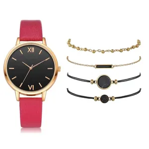 Detail showing red PU leather strap quartz watch and four matching bracelets set