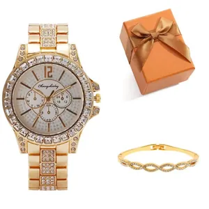 Luxury women gold business watch set with crystal diamonds and matching bracelet in orange gift box
