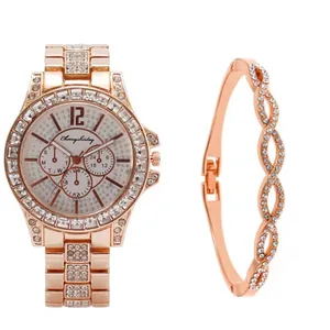 Luxury rose gold business watch and crystal bracelet set for women with diamond accents