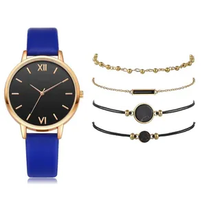 Women's quartz watch with blue PU strap and matching rose gold fashion bracelets set