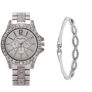 Luxurious silver watch and rhinestone bracelet set for women with diamond accents