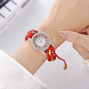 Women Fashion Hand-Woven Bracelet Watch Bohemian Colorful Rhinestone Quartz Watch Roman Numerals Adjustable Strap Watch