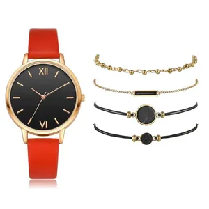 Women's quartz watch set with red PU strap, rose gold case, and four matching bracelets
