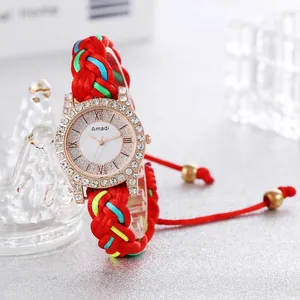 Colorful hand-woven strap watch for women with sparkling rhinestone bezel and Roman numerals