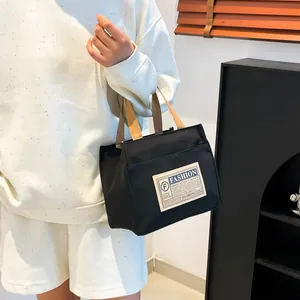 Sac cabas rétro japonais en toile noire avec poignées marron pour étudiant et loisirs