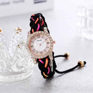 Bohemian handmade woven watch for women with rhinestones and colorful macaron strap