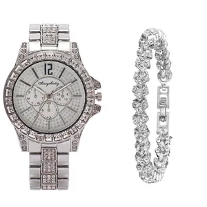 Reloj de cuarzo plateado para mujer y pulsera de corazón con cristales brillantes