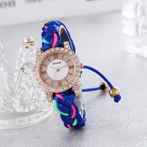 Fashionable women's watch with rhinestone bezel and colorful braided rope strap
