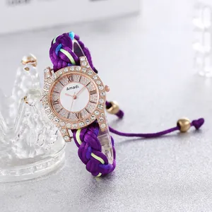 Colorful macaron DIY braided strap watch with crystal rhinestones and Roman numerals