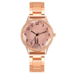 Montre À Quartz Pour Femme Mignon Lapin De Dessin Animé Or Rose Alliage Bracelet En Acier Chiffres Arabes Décontracté