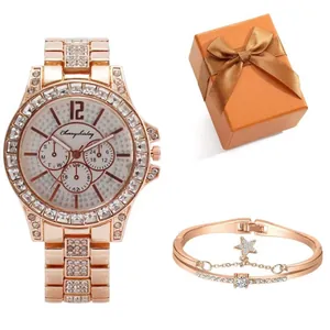 Montre à Quartz à Strass de Mode pour Femmes et Bracelet Pendentif Étoile Avec Boîte Cadeau Luxe Montre-bracelet