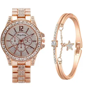 Coffret montre et bracelet en or rose élégant avec strass et pendentif étoile pour femme
