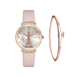 Women's rose gold quartz watch with pink leather strap and Eiffel Tower dial set