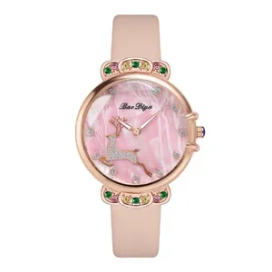 Bohemian quartz watch with pink leather strap, rose gold deer dial and colorful crystals