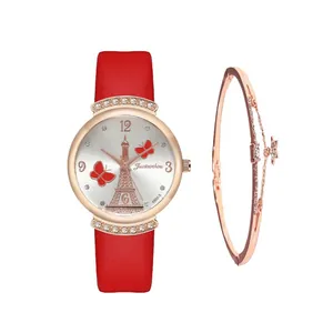 Fashion Women Quartz Watch Bracelet Set Eiffel Tower Pattern Rhinestone Alloy Case PU Leather Strap Casual Jewelry Gift Set