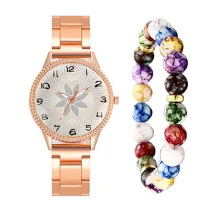 Rose gold quartz watch with flower pattern dial and colorful beaded bracelet set
