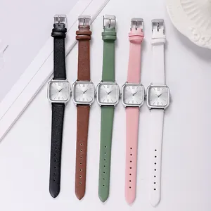 Minimalist square quartz watch for women with leather straps in five assorted colors