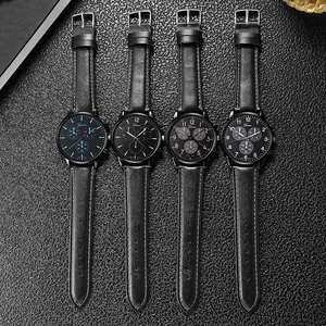 Montres à quartz minimalistes pour hommes en noir avec bracelets cuir et cadrans lumineux