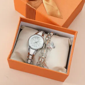 Women Quartz Watch Butterfly Bracelet Set Alloy Silver Tone Clover Dial Rhinestone Jewelry For Ladies Everyday Fashion Gift