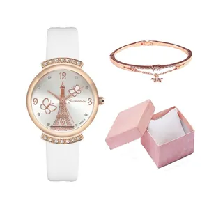 Women's quartz watch gift set with white PU leather strap and Eiffel Tower dial pattern