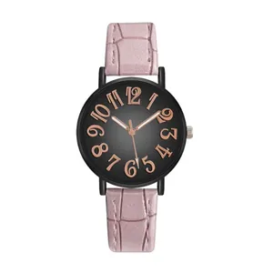 Women's quartz watch with black dial, rose gold numbers, and pink crocodile strap