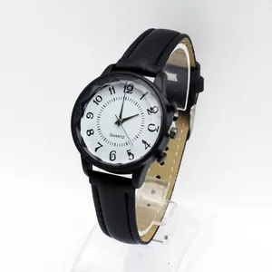 Minimalist black quartz watch for women with white textured dial and black leather strap