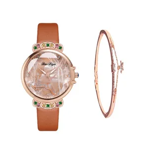 Bohemian women's watch set with brown leather strap and rose gold deer dial