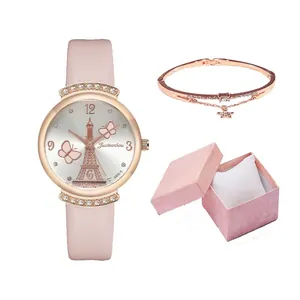 Elegant ladies quartz watch with pink leather strap and star bracelet in a gift box