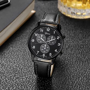 Montre à quartz lumineuse pour hommes avec bracelet cuir noir et grand cadran de luxe