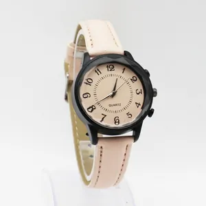 Minimalist black matte women's watch with beige leather strap and Arabic numerals