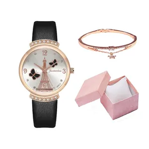 Ladies quartz watch with Eiffel Tower dial, black PU leather strap and star bracelet set