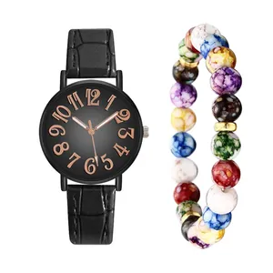 Minimalist women's quartz watch with black leather strap and colorful beaded bracelet set