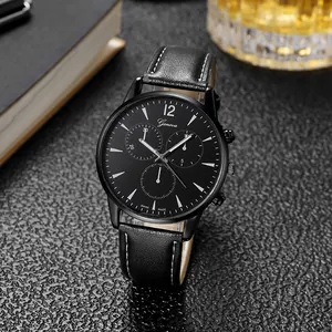 Montre homme lumineuse à grand cadran avec bracelet en cuir noir et mouvement quartz