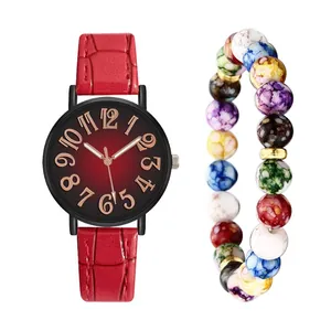 Women's quartz watch with red leather strap and matching colorful beaded bracelet set