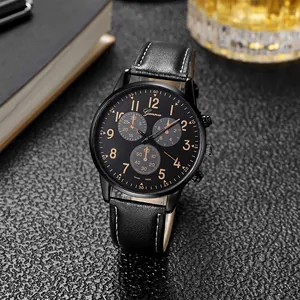 Montre à quartz pour homme avec bracelet en cuir noir et index de cadran doré champagne