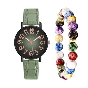 Women Casual Fashion Quartz Wristwatch Featuring Alligator Texture Satin Strap Gradient Round Dial Alloy Case Pointer Watch And Colorful Beaded Bracelet Accessory