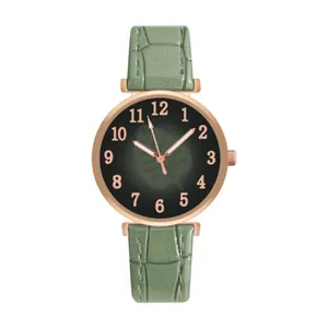 Detailed macro view of green leather watch strap with elegant crocodile skin texture