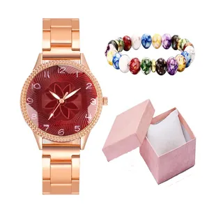Elegant rose gold quartz watch set with red floral dial and colorful beaded bracelet