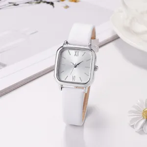 Minimalist square quartz watch with silver metal case and white leather strap for women