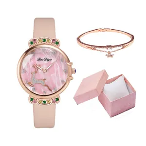 Bohemian women's quartz watch gift set with deer dial, pink leather strap and star bracelet
