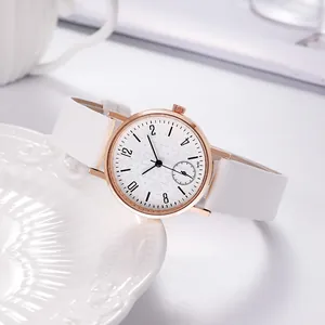 Close-up of women quartz watch featuring white snowflake texture dial and rose gold case