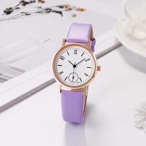 Elegant women's quartz watch with purple leather strap and floral dial on a soft background