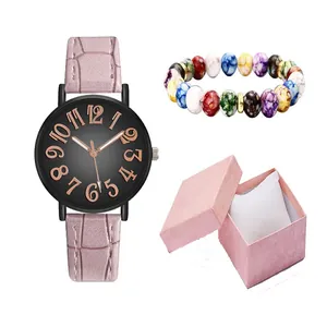 Elegant quartz watch with pink leather strap and colorful bead bracelet set in gift box