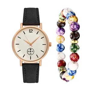Women's quartz watch with rose gold case, black leather strap and colorful bead bracelet