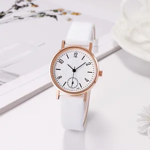 Fashionable women's quartz watch with white leather strap and rose gold floral textured dial