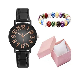 Women's quartz watch gift set with black leather strap and colorful beaded bracelet in box