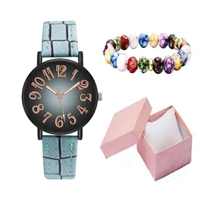 Women's quartz watch gift set with blue leather strap and colorful beaded bracelet