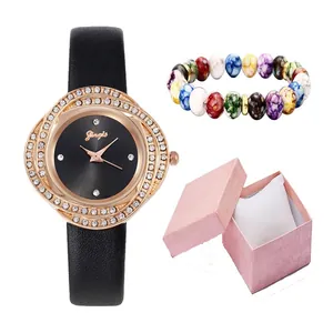 Elegante Damenuhr mit Strasslünette und Perlenarmband in rosa Geschenkbox